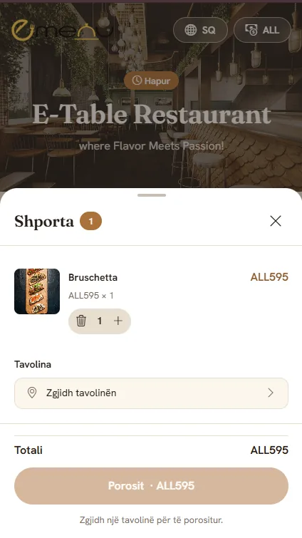 Shporta e porosisë në menunë digjitale, me zgjedhjen e tavolinës