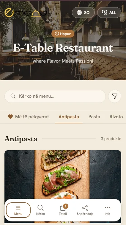 Menuja digjitale e restorantit e hapur nga kodi QR, te kategoria Antipasta